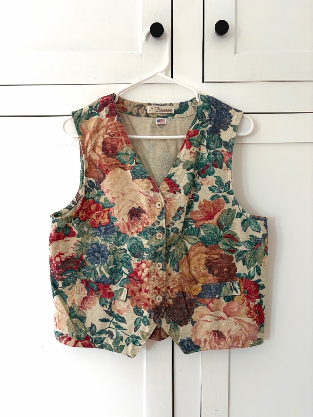Vintage Norm Thompson Cotton Flax Floral Vest Size Medium